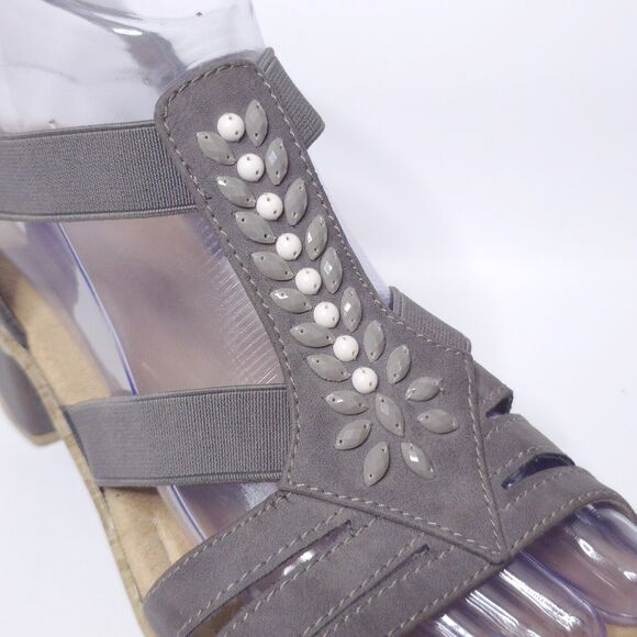 RIEKER Embellished Leather Stretchy Sandals Block Heel Taupe Sz 42 EU 10-10.5 US - Picture 2 of 9